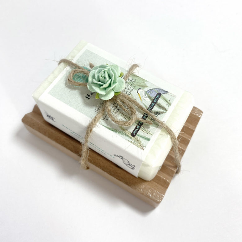 Sea Salt & Wood Sage Soap on wooden soap dish tied with string. Eco gift